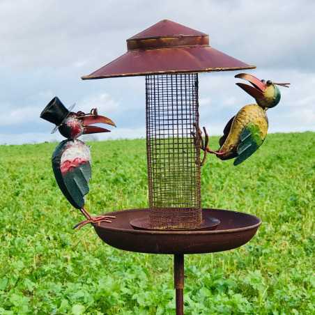Pic de jardin décoratif, mangeoire en fer corbeaux colorés