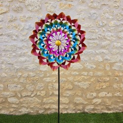 Sculpture Cinétique de Jardin Colorée – Moulin à Vent Décoratif en Métal, Hauteur 168 cm, Diamètre 64 cm