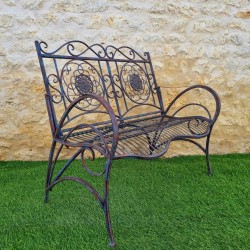 Banc de jardin fer forgé patiné rouille antique confortable vue de profil 